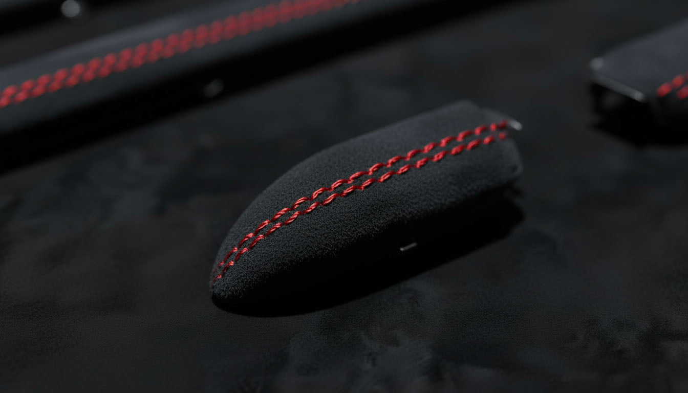 Macro shot of AUDI A3/S3/RS3 genuine Alcantara interior trim with red stitching