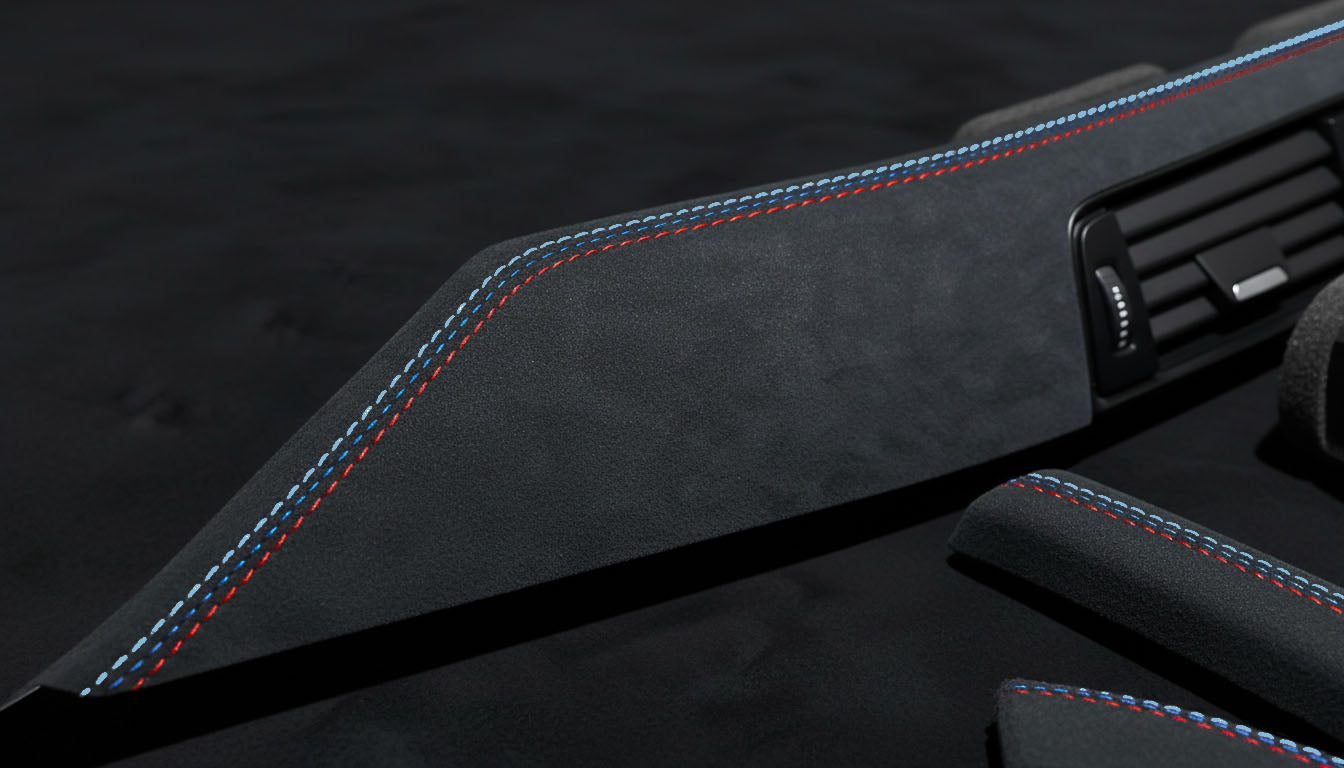 Macro shot of BMW 3 & 4 Series Alcantara Interior Trim – Tricolor Stitching (F30, F31, F34, F36, F80 right hand drive)