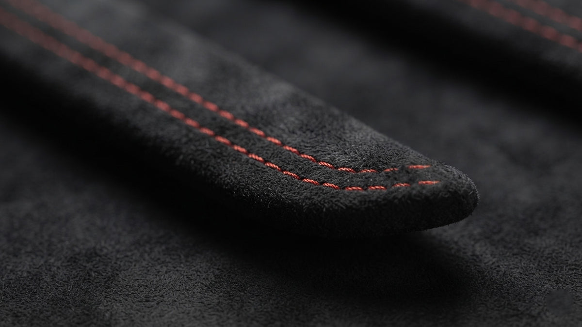 Macro shot of AUDI A3/S3/RS3 genuine Alcantara interior trim with red stitching