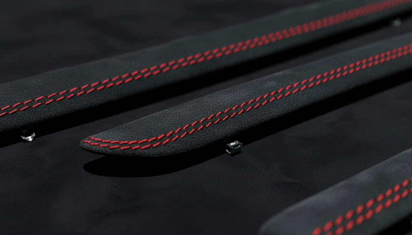 Macro shot of AUDI A3/S3/RS3 genuine Alcantara interior trim with red stitching