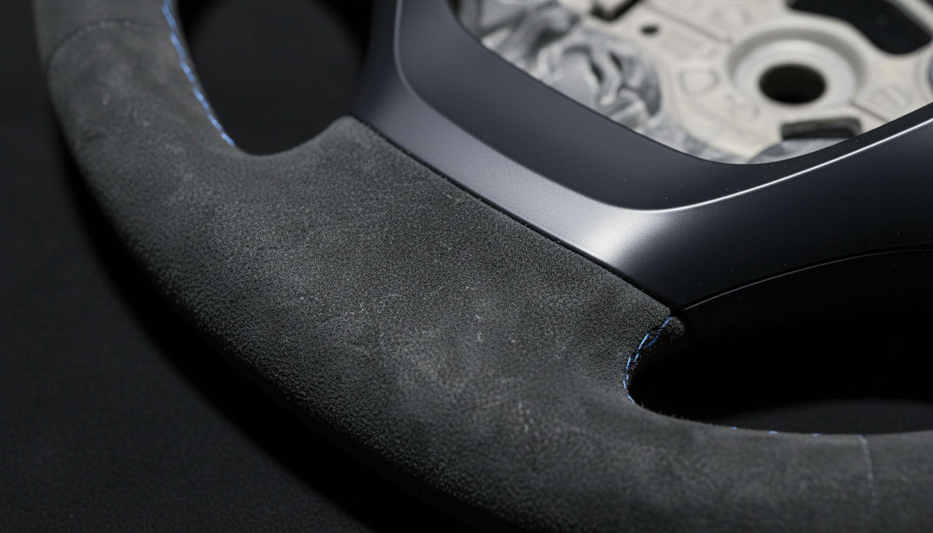 Macro shot of BMW 1 & 2 Series Alcantara Steering Wheel – Tricolor Stitching (F21, F22, F23)