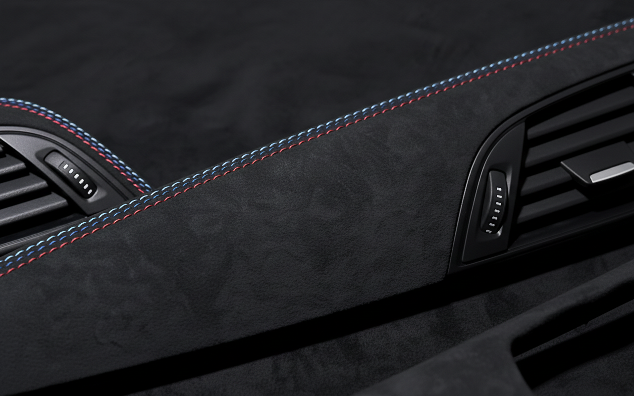 Macro shot of BMW 1 & 2 Series F21 F22 F23 F87 Alcantara Interior Trim with Tricolor Stitching