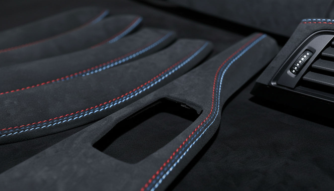 Macro shot of BMW 3 & 4 Series Alcantara Interior Trim – Tricolor Stitching (F30, F31, F34, F36, F80 right hand drive)