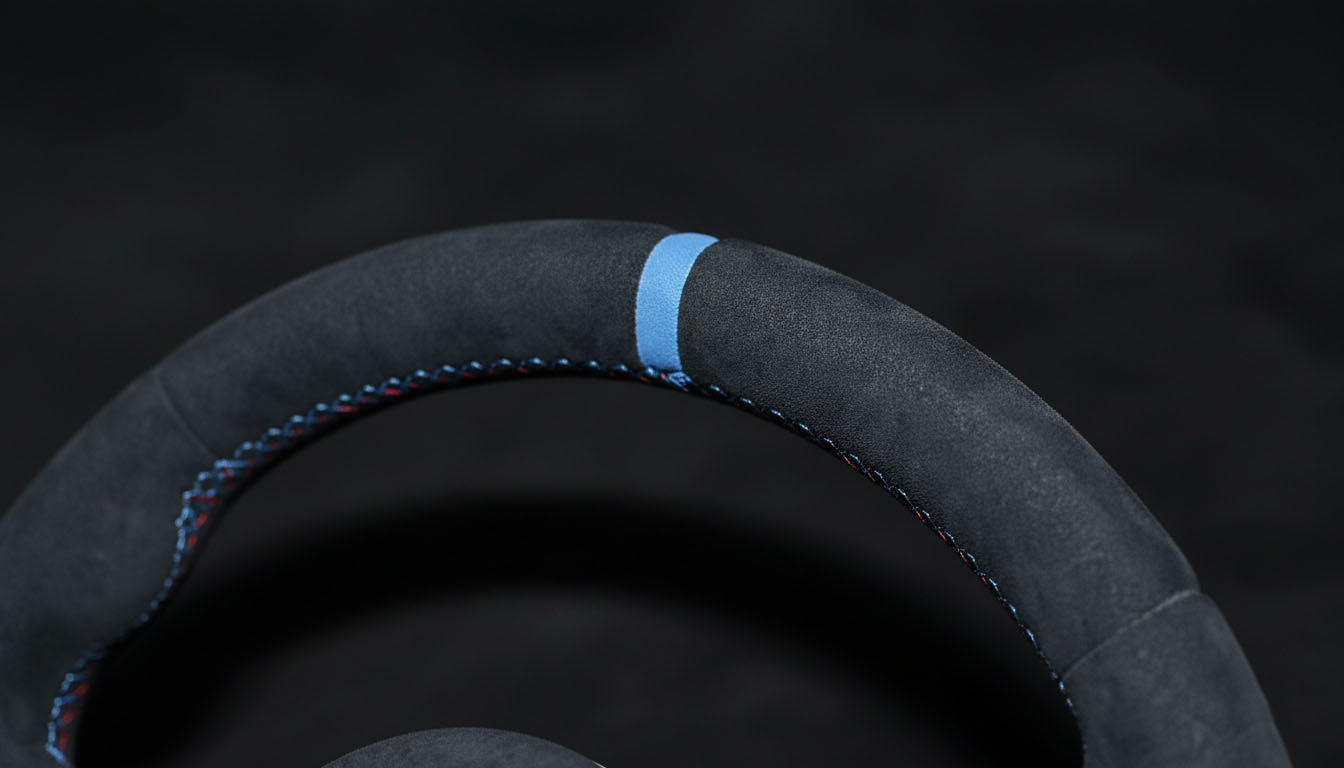 Macro shot of BMW 3 & 4 Series Alcantara M Sport Steering Wheel – Tricolor Stitching (F30, F31, F34, F36)