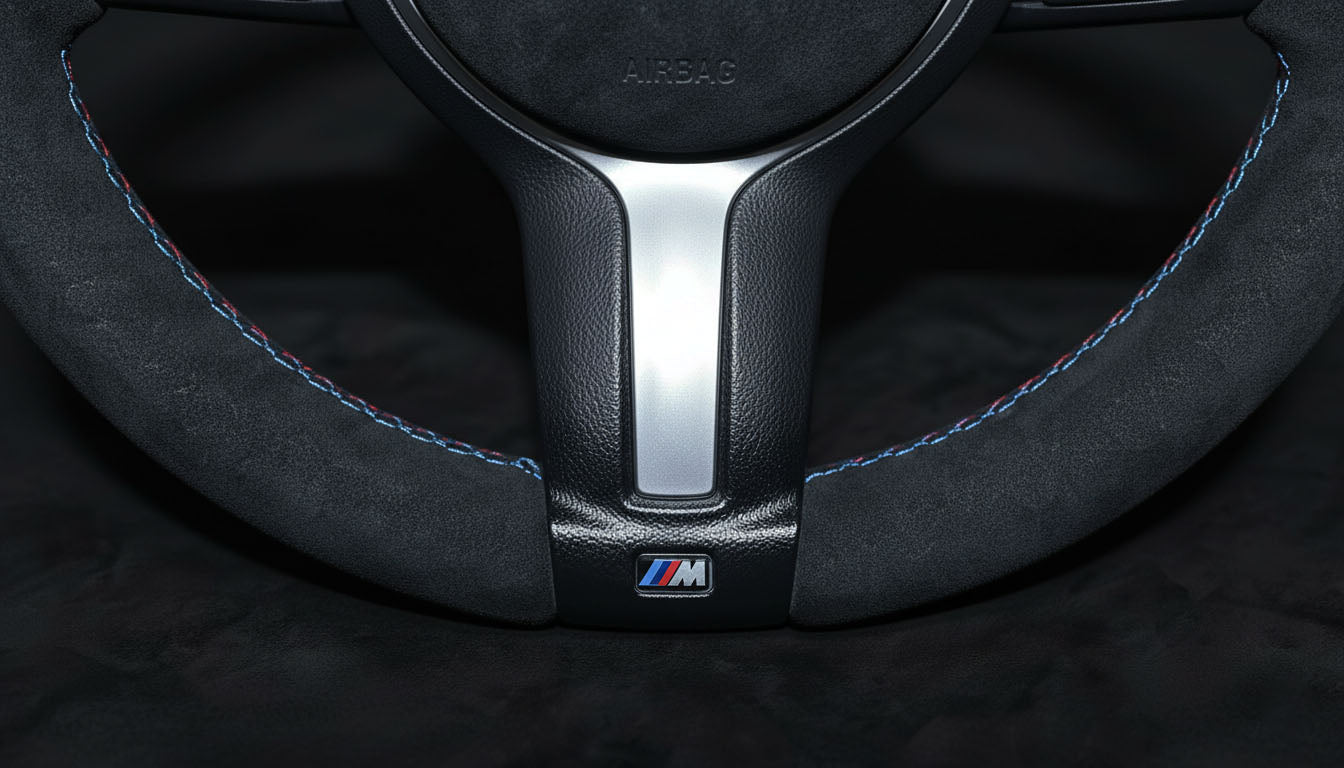 Macro shot of BMW 3 & 4 Series Alcantara M Sport Steering Wheel – Tricolor Stitching (F30, F31, F34, F36)