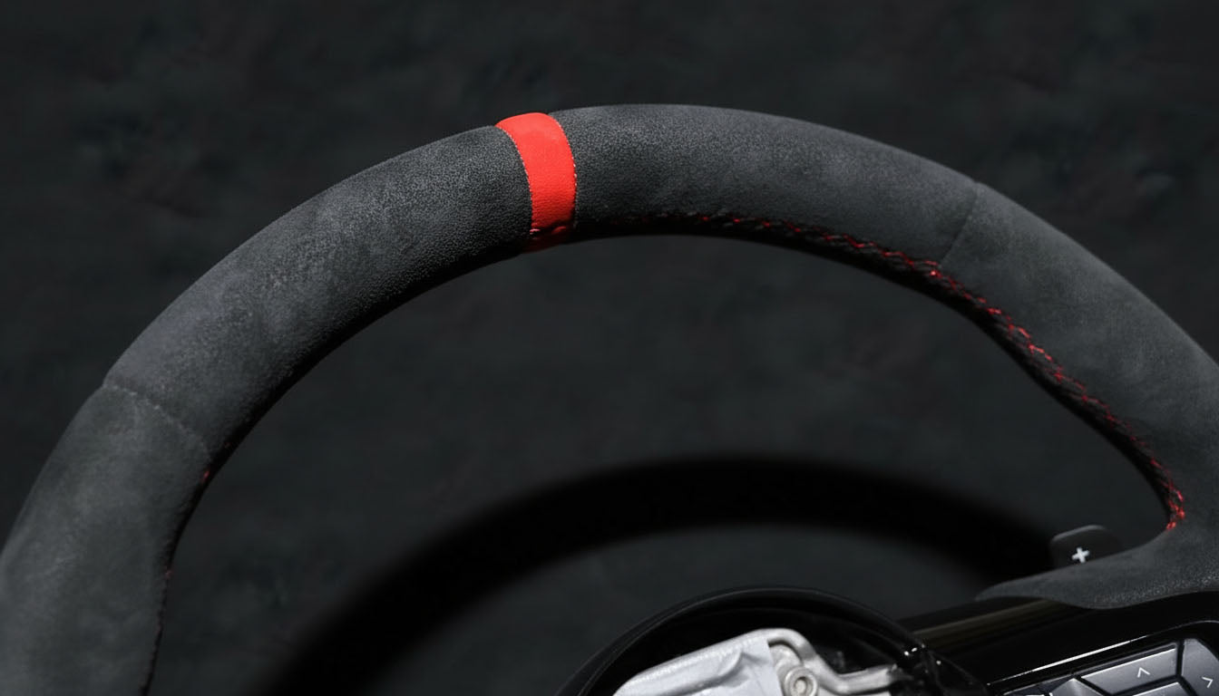 Macro shot of FORD MUSTANG 2018-2023 Alcantara Steering wheel with gloss black finish - Red Stitching