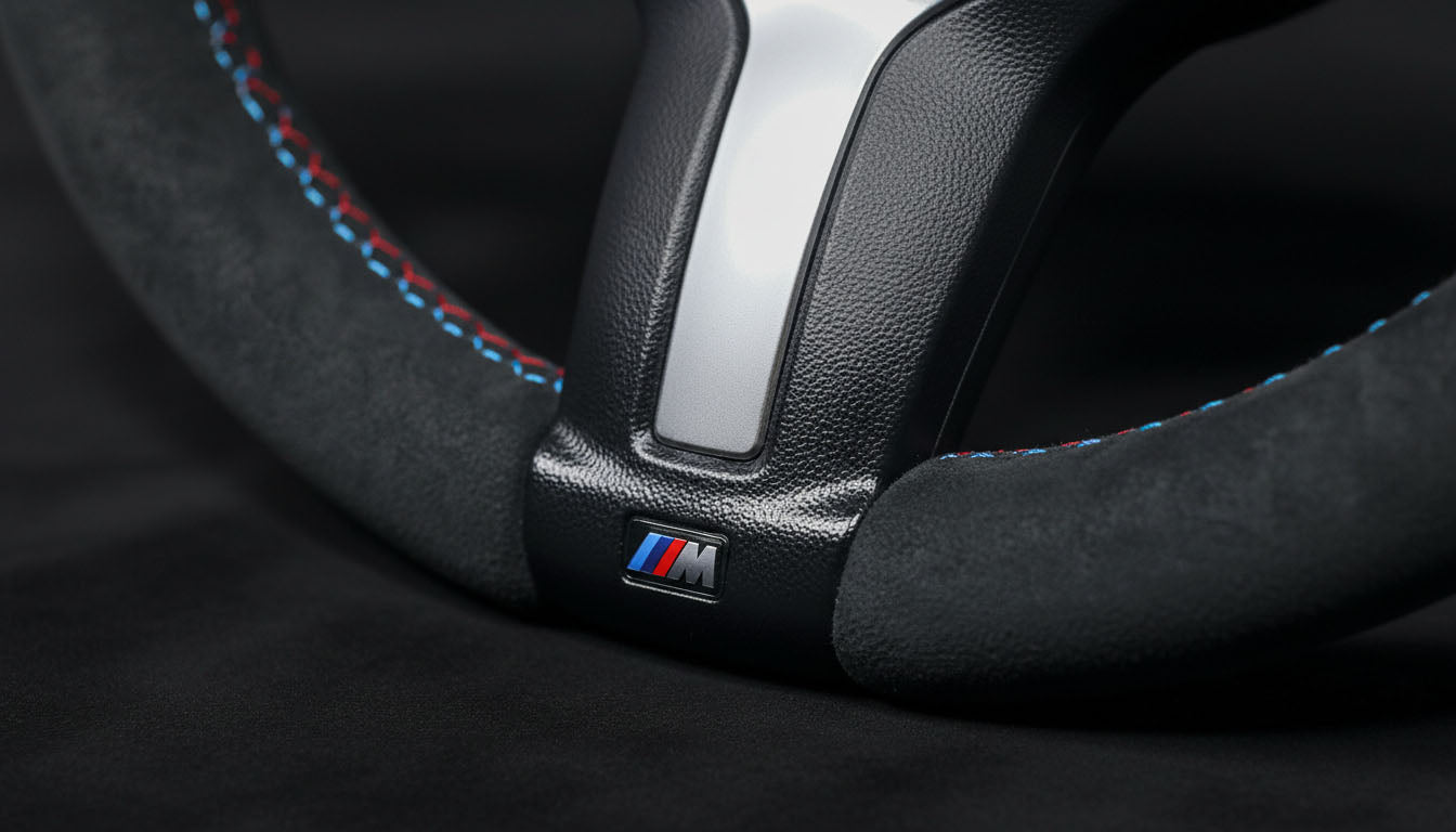BMW 1, 2, 3, 4 Series Alcantara M Sport Steering Wheel Tricolor Stitching - Red Stripe (F2X, F3X, F8X)