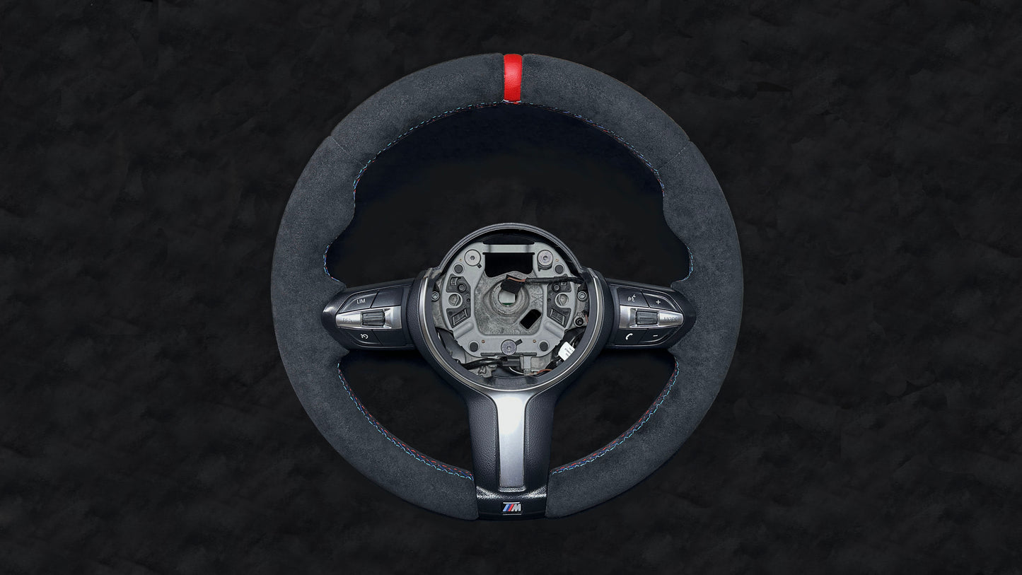 BMW 1, 2, 3, 4 Series Alcantara M Sport Steering Wheel Tricolor Stitching - Red Stripe (F2X, F3X, F8X)